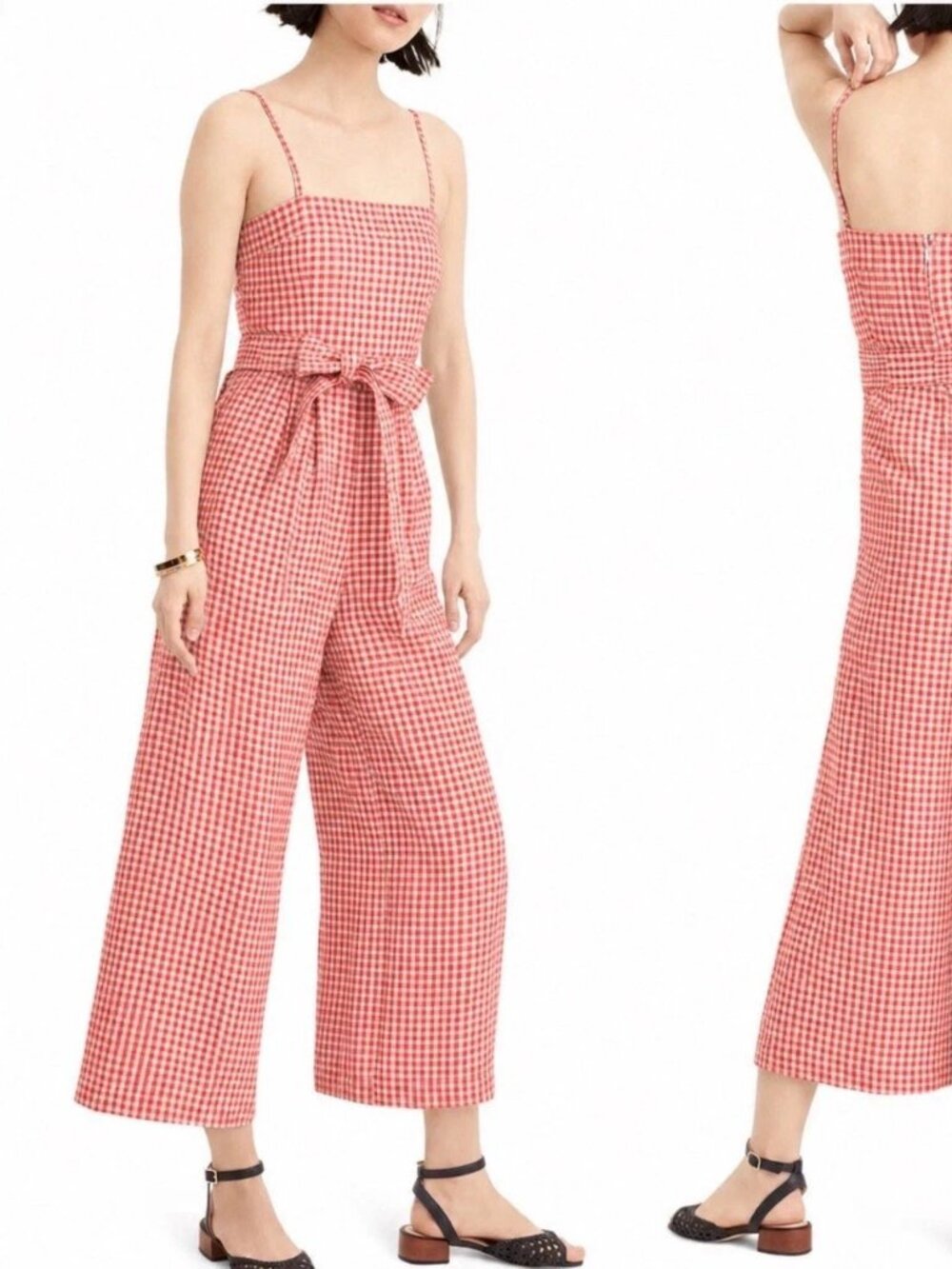 NWOT J. Crew Linen Check Tie Waist Jumpsuit Sz 00 Orange Gray Gingham Cropped